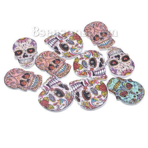 Immagine di 10 Pz Legno di Hinoki Naturale Bottone da Cucire Scrapbook Due Fori Zucchero Cranio A Colori Misti Casuali 24.5mm x 17.5mm