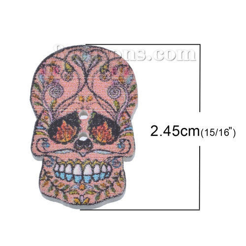 Immagine di 10 Pz Legno di Hinoki Naturale Bottone da Cucire Scrapbook Due Fori Zucchero Cranio A Colori Misti Casuali 24.5mm x 17.5mm