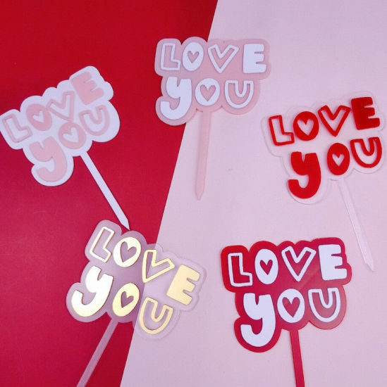 Picture of Acrylic Cupcake Picks Toppers White & Red Message " I Love you " 11cm, 1 Piece