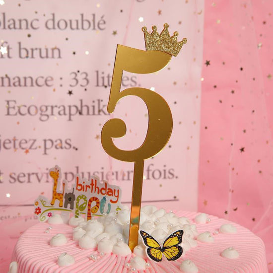 Picture of Acrylic Cupcake Picks Toppers Golden Number Message " 5 " 18.5cm x 6cm, 1 Piece