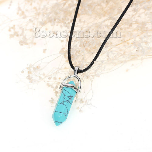 Picture of (Grade D) Turquoise Imitation Yoga Healing Gemstone Necklace Black PU Cord Green Pendant 44.7cm(17 5/8") long, 1 Piece