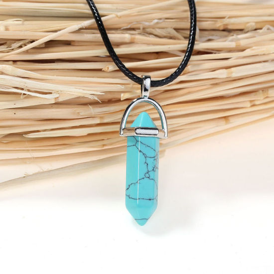 Picture of (Grade D) Turquoise Imitation Yoga Healing Gemstone Necklace Black PU Cord Green Pendant 44.7cm(17 5/8") long, 1 Piece