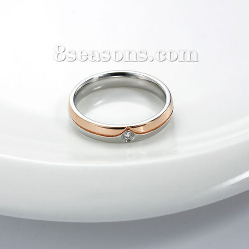 Bild von Edelstahl Uneinstellbar Ring Rosegold & Silberfarben mit Transparent Zirkon 16.5mm（US Größe:6) 1 Stück