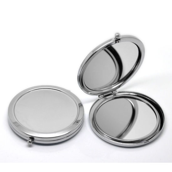 Bild von Make-up Taschenspiegel Kosmetik Rund Silberfarbe Cabochon Fassung (für 5.8cm D.) 7.7cm x 7cm, 10 Stück