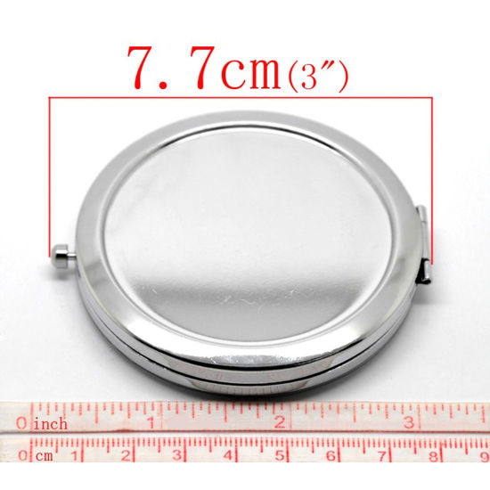 Bild von Make-up Taschenspiegel Kosmetik Rund Silberfarbe Cabochon Fassung (für 5.8cm D.) 7.7cm x 7cm, 10 Stück