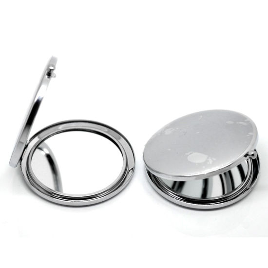 Bild von Make-up Taschenspiegel Kosmetik Rund Silberfarbe Cabochon Fassung (für 5.8cm D.) 7.7cm x 7cm, 10 Stück