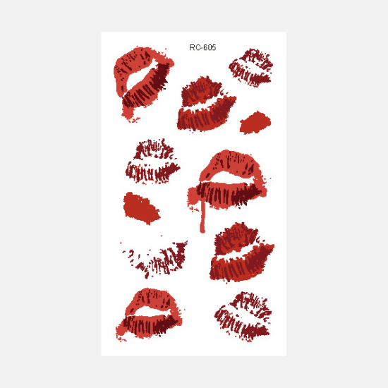 Image de Autocollant Sticker de Tatouage Amovible Imperméable Rouge Foncé Bouche 4 Pièces