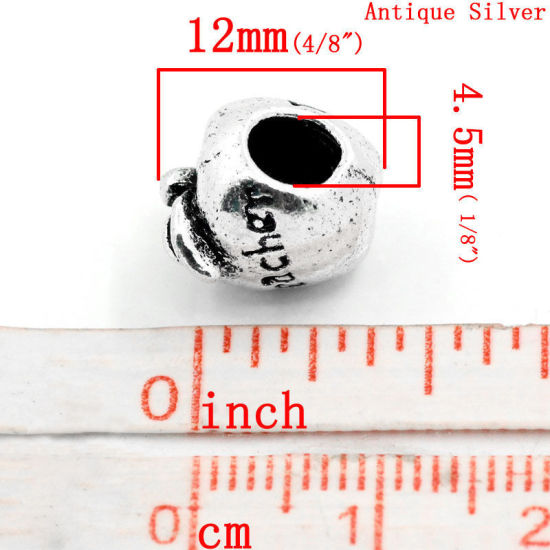 亜鉛合金 ヨーロッパ風 大穴 ビーズ リンゴ 銀古美 Teacher彫刻 約12.0mm x 11.0mm、 穴：約4.5mm、 10 PCs の画像