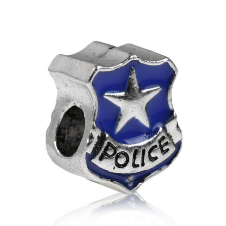 Image de Perles à Gros Trou au Style Européen en Alliage de Zinc Insigne de Police Gravé Mots " Police " Email Bleu Argent Antique 15.5mm x 12mm, Tailles de Trous: 5mm, 10 Pcs