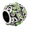 Picture of Zinc Metal Alloy European Style Large Hole Charm Beads Lantern Antique Silver Heart Carved Light Green Rhinestone 10x9mm, Hole: Approx: 4.7mm, 5 PCs
