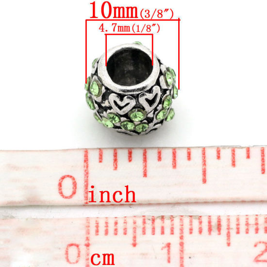 亜鉛合金 ヨーロッパ風 大穴 ビーズ バレル 銀古美 緑ラインストーン 約10.0mm x 9.0mm、 穴：約4.7mm、 5 PCs の画像