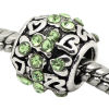 Picture of Zinc Metal Alloy European Style Large Hole Charm Beads Lantern Antique Silver Heart Carved Light Green Rhinestone 10x9mm, Hole: Approx: 4.7mm, 5 PCs