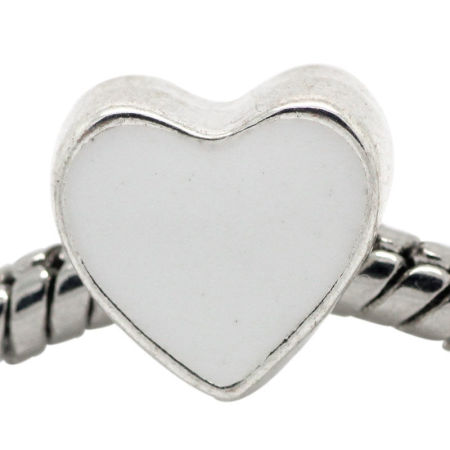 Zinc Metal Alloy European Style Large Hole Charm Beads Heart Silver Plated White Enamel 10x10mm, Hole: Approx: 4.5mm, 20 PCs