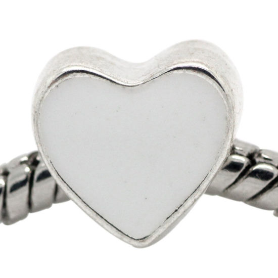 Immagine di Lega di Zinco Stile Europeo Perline Cuore Bianco Argento Placcato Circa 10.0mm x 10.0mm, Foro: Circa 4.5mm, 20 Pz