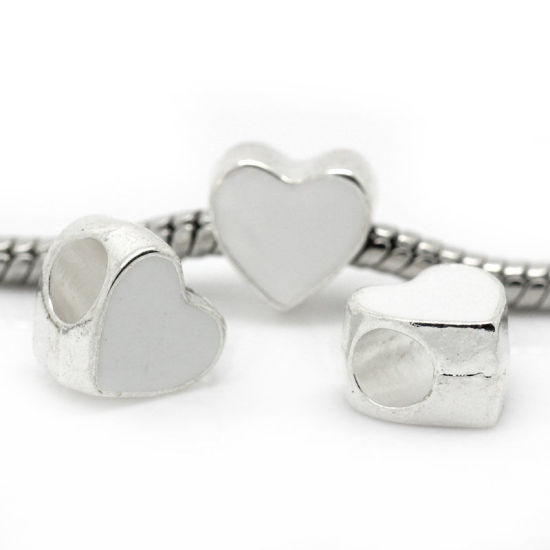 Immagine di Lega di Zinco Stile Europeo Perline Cuore Bianco Argento Placcato Circa 10.0mm x 10.0mm, Foro: Circa 4.5mm, 20 Pz