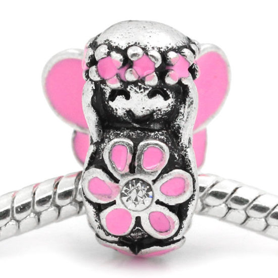 Immagine di Lega di Zinco Perline di Fascino con Foro Grande in Stile Europeo Argento Antico Rosa Bambola Fiore Smalto Trasparente Strass 15mm x 12mm, Foro:Circa 5mm, 10 Pz
