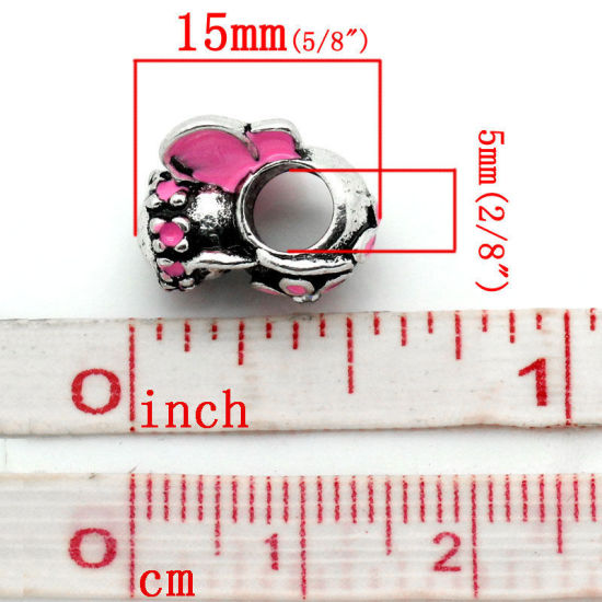 Immagine di Lega di Zinco Perline di Fascino con Foro Grande in Stile Europeo Argento Antico Rosa Bambola Fiore Smalto Trasparente Strass 15mm x 12mm, Foro:Circa 5mm, 10 Pz