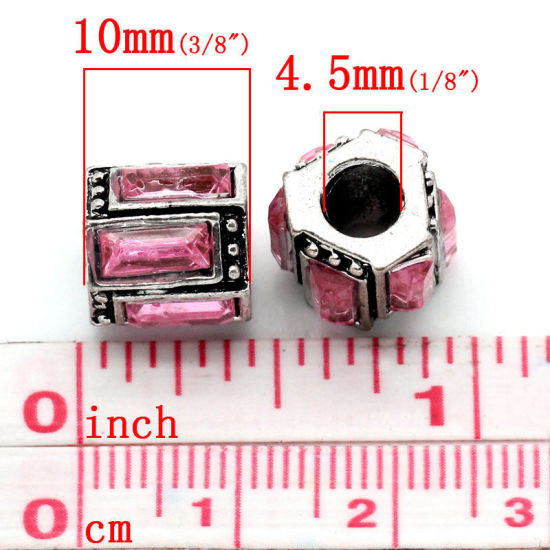 Bild von Zinklegierung European Stil Charm Großlochperlen Antiksilber Rosa Strass Columnar 12x11mm Loch:Ca.5mm, 10 Stücke