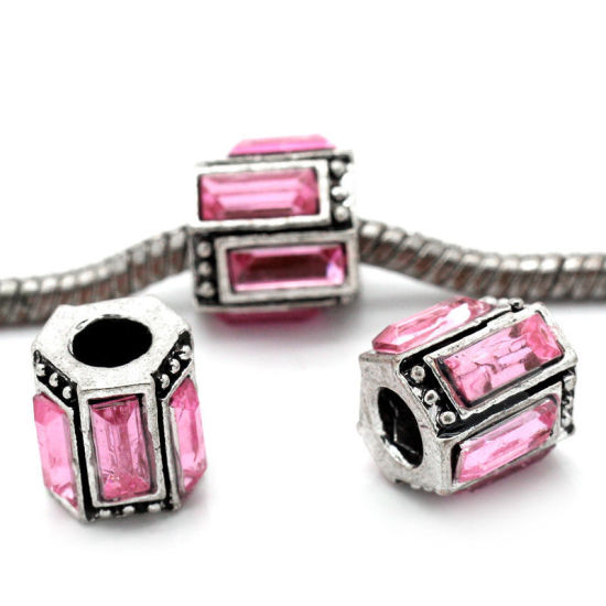 Bild von Zinklegierung European Stil Charm Großlochperlen Antiksilber Rosa Strass Columnar 12x11mm Loch:Ca.5mm, 10 Stücke
