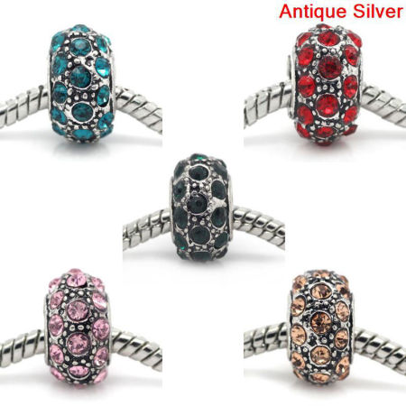 Zinklegierung European Stil Charm Großlochperlen Rund Antiksilber Mix Farben mit Strass etwa 13mm x 1.8mm, Loch:Ca. 5.0mm, 5 Stücke