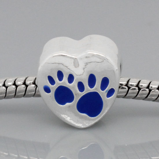 Bild von Zinklegierung European Stil Charm Großlochperlen Herz Versilbert Bärentatzen-Form Geschnitzt Rosa Emaille etwa 12mm x 11mm, Loch:Ca. 4.8mm, 10 Stücke