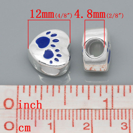 Bild von Zinklegierung European Stil Charm Großlochperlen Herz Versilbert Bärentatzen-Form Geschnitzt Rosa Emaille etwa 12mm x 11mm, Loch:Ca. 4.8mm, 10 Stücke
