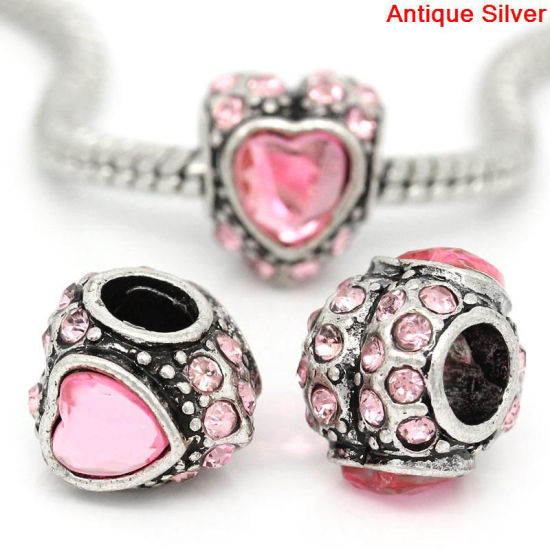 亜鉛合金 ヨーロッパ風 大穴 ビーズ ハート 銀古美 ピンクラインストーン 約12.0mm x 10.0mm、 穴：約4.8mm、 10 PCs の画像