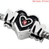 Picture of Zinc Based Alloy Mother's Day European Style Large Hole Charm Beads Antique Silver Color Heart Message " Mom " Pink Rhinestone 19mm x 11mm, Hole: Approx 4.5mm, 1 Piece