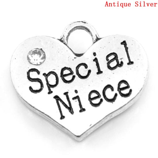 Picture of Zinc Based Alloy Charms Heart Antique Silver Message " Special Niece " Carved Clear Rhinestone 16mm( 5/8") x 14mm( 4/8"), 20 PCs