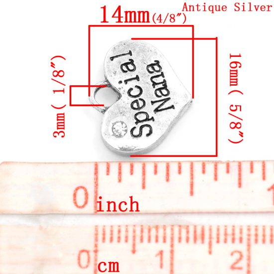 Picture of Zinc Based Alloy Charms Heart Antique Silver Message " Special Niece " Carved Clear Rhinestone 16mm( 5/8") x 14mm( 4/8"), 20 PCs