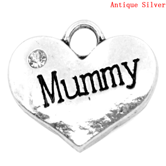 Picture of Zinc Based Alloy Charms Heart Antique Silver Message " Mummy " Carved Clear Rhinestone 16mm( 5/8") x 14mm( 4/8"), 20 PCs