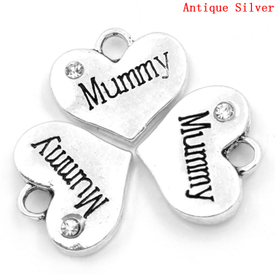 Picture of Zinc Based Alloy Charms Heart Antique Silver Message " Mummy " Carved Clear Rhinestone 16mm( 5/8") x 14mm( 4/8"), 20 PCs