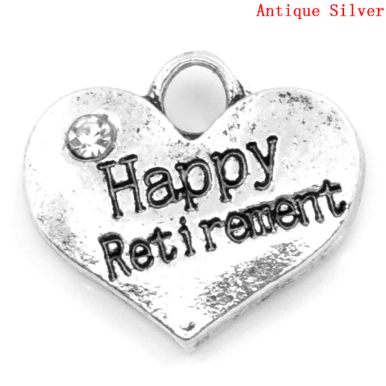 Image de Breloques en Alliage de Zinc Forme Cœur à Strass Blanc Argent Vieilli Gravé Mots " Happy Retirement " 16mm x 14mm, 20 Pcs