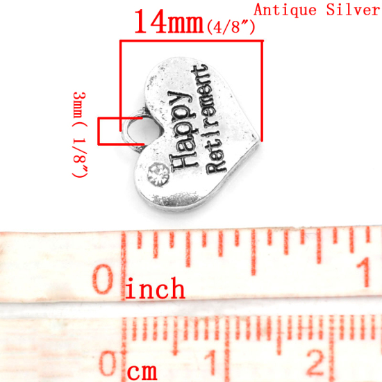 Image de Breloques en Alliage de Zinc Forme Cœur à Strass Blanc Argent Vieilli Gravé Mots " Happy Retirement " 16mm x 14mm, 20 Pcs