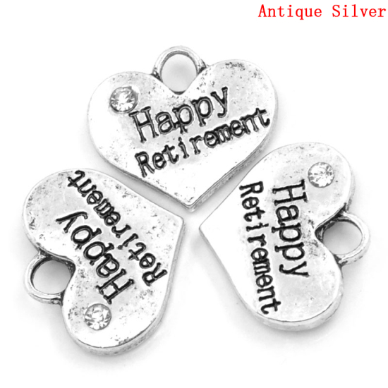 Image de Breloques en Alliage de Zinc Forme Cœur à Strass Blanc Argent Vieilli Gravé Mots " Happy Retirement " 16mm x 14mm, 20 Pcs