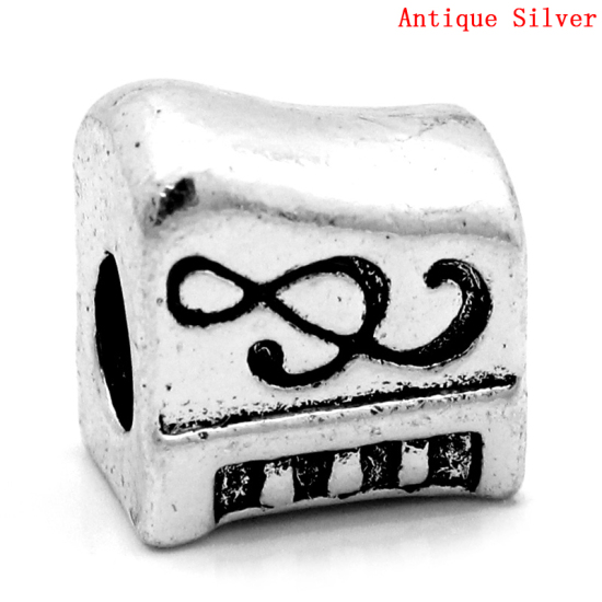 Picture of Zinc Metal Alloy European Style Large Hole Charm Beads Spinet Antique Silver Musical Note Carved 13x12mm, Hole: Approx: 5mm, 10 PCs