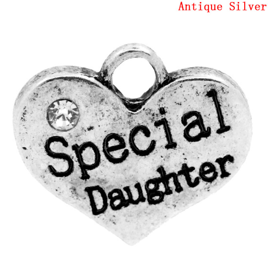 Picture of Zinc Based Alloy Charms Heart Antique Silver Message " Special Daughter " Carved Clear Rhinestone ( 5/8") x 14mm( 4/8"), 20 PCs