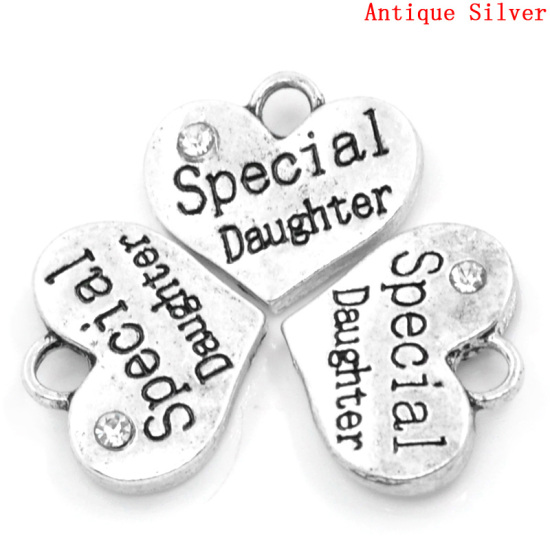 Picture of Zinc Based Alloy Charms Heart Antique Silver Message " Special Daughter " Carved Clear Rhinestone ( 5/8") x 14mm( 4/8"), 20 PCs