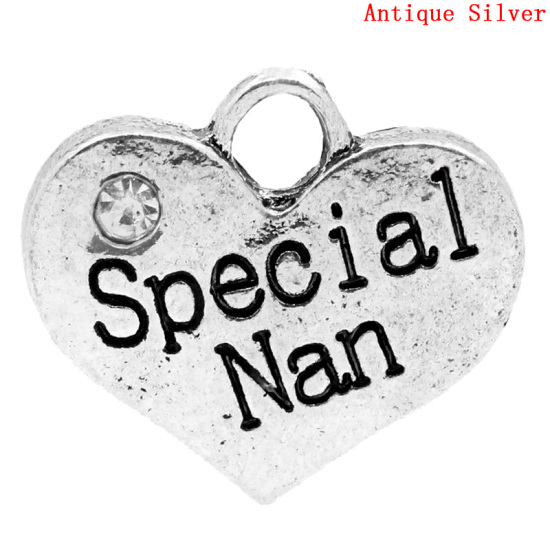 Image de Breloques en Alliage de Zinc Forme Cœur à Strass Blanc Argent Vieilli Gravé Mots " Special Nan " 16mm x 14mm, 20 Pcs