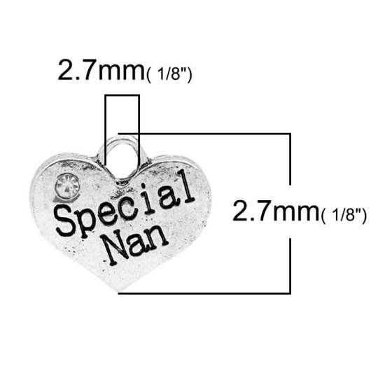 Image de Breloques en Alliage de Zinc Forme Cœur à Strass Blanc Argent Vieilli Gravé Mots " Special Nan " 16mm x 14mm, 20 Pcs