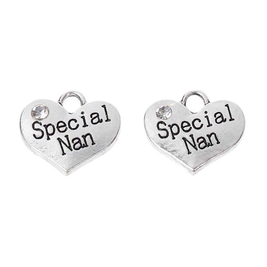Image de Breloques en Alliage de Zinc Forme Cœur à Strass Blanc Argent Vieilli Gravé Mots " Special Nan " 16mm x 14mm, 20 Pcs