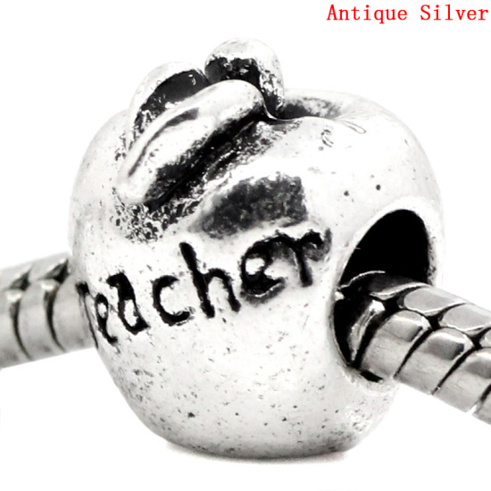 亜鉛合金 ヨーロッパ風 大穴 ビーズ リンゴ 銀古美 Teacher彫刻 約12.0mm x 11.0mm、 穴：約4.5mm、 10 PCs の画像