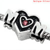 Picture of Zinc Based Alloy Mother's Day European Style Large Hole Charm Beads Antique Silver Color Heart Message " Mom " Pink Rhinestone 19mm x 11mm, Hole: Approx 4.5mm, 1 Piece