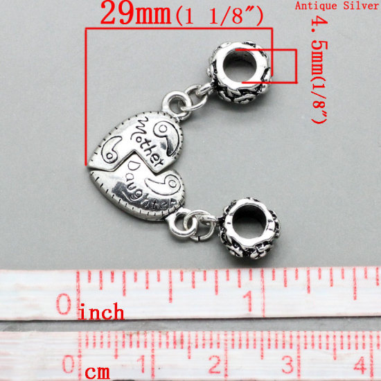 Image de Pendentifs Perle Dangle à Gros Trou au Style Européen en Alliage de Zinc Cœur Brisé Irrégulier Argent Vieilli Gravé Mots " MOTHER DAUGHTER " 29mm x 20mm, 10 Kits