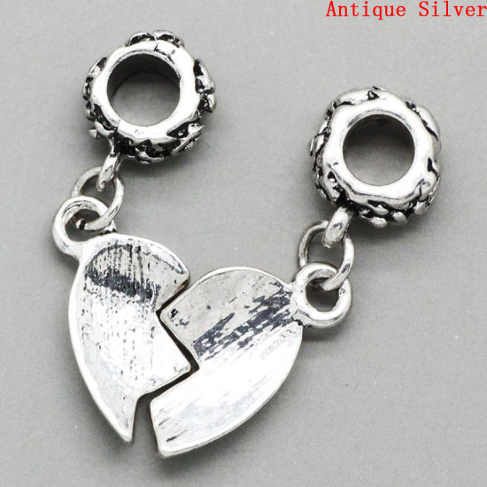 Image de Pendentifs Perle Dangle à Gros Trou au Style Européen en Alliage de Zinc Cœur Brisé Irrégulier Argent Vieilli Gravé Mots " MOTHER DAUGHTER " 29mm x 20mm, 10 Kits