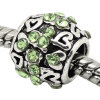 Picture of Zinc Metal Alloy European Style Large Hole Charm Beads Lantern Antique Silver Heart Carved Light Green Rhinestone 10x9mm, Hole: Approx: 4.7mm, 5 PCs