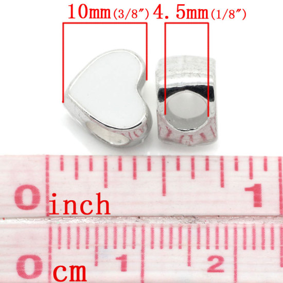 Immagine di Lega di Zinco Stile Europeo Perline Cuore Bianco Argento Placcato Circa 10.0mm x 10.0mm, Foro: Circa 4.5mm, 20 Pz