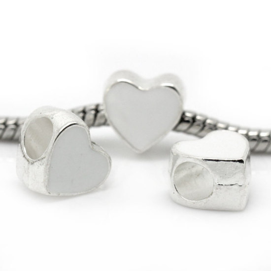 Picture of Zinc Metal Alloy European Style Large Hole Charm Beads Heart Silver Plated White Enamel 10x10mm, Hole: Approx: 4.5mm, 20 PCs