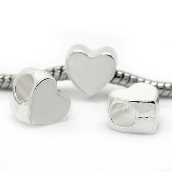 Immagine di Lega di Zinco Stile Europeo Perline Cuore Bianco Argento Placcato Circa 10.0mm x 10.0mm, Foro: Circa 4.5mm, 20 Pz