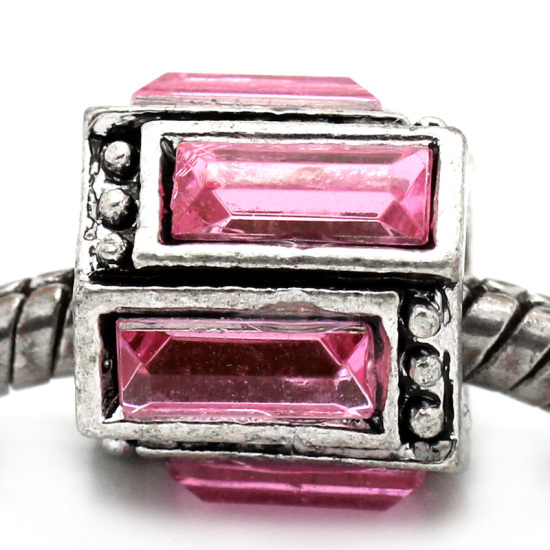 Bild von Zinklegierung European Stil Charm Großlochperlen Antiksilber Rosa Strass Columnar 12x11mm Loch:Ca.5mm, 10 Stücke